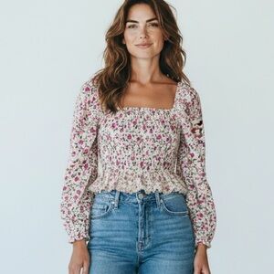 True Craft Women's floral ruffle long sleeve square neck blouse Sz XL